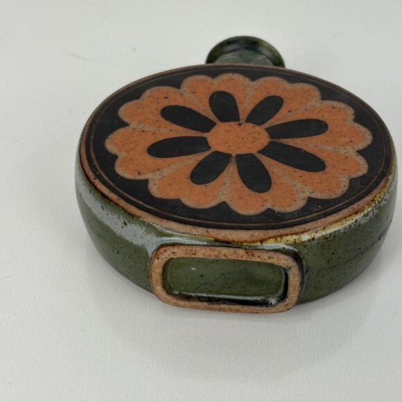 Vintage MCM Handcrafted Ceramic Flask Vase Domino Daisy Handle Orange 4” - Picture 4 of 5